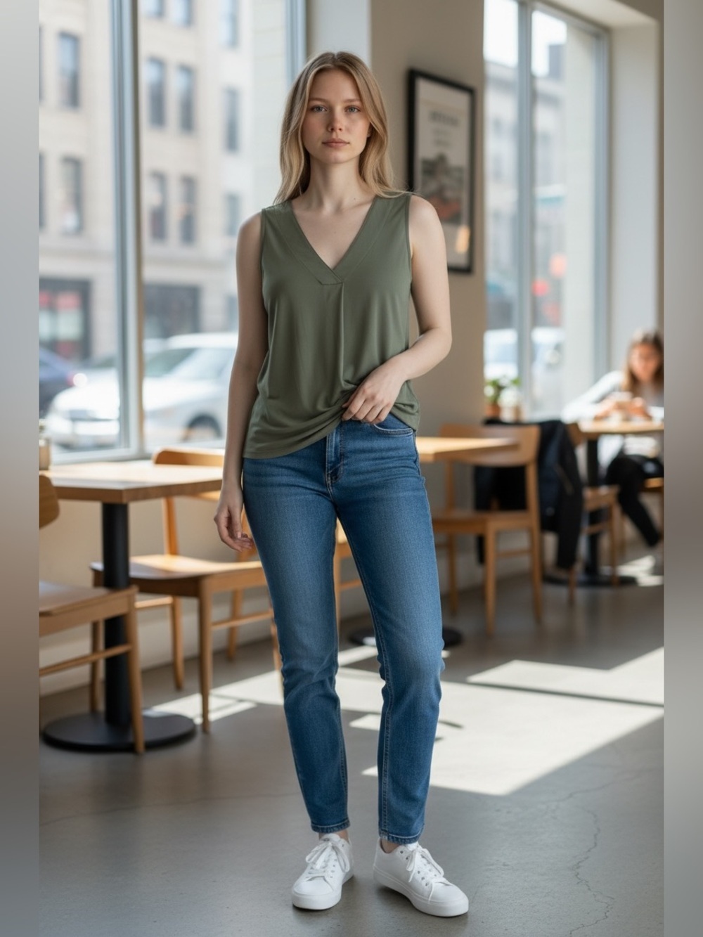 (30)Tribal Olive Green V-Neck Sleeveless Top